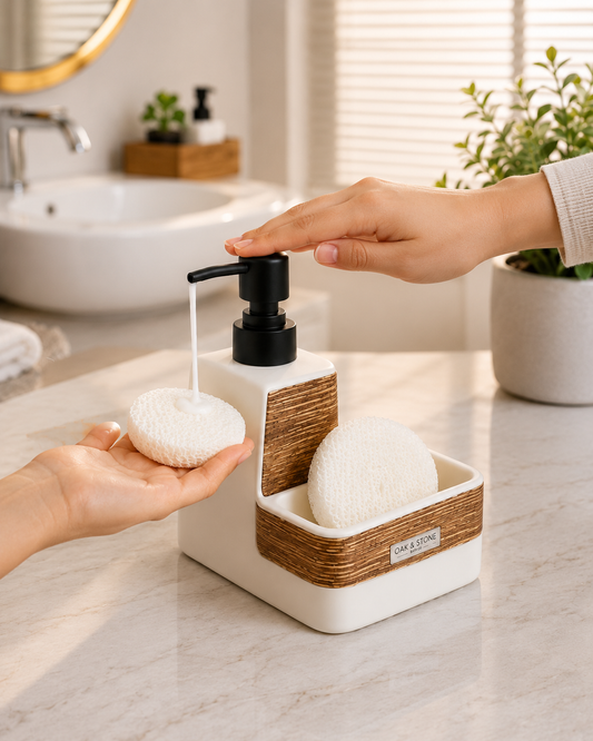2 In 1 Ceramic Soap Dispenser with Sponge Holder, Elegant Countertop Soap Dispenser Set, Kitchen And Bathroom Soap Pump Organizer
