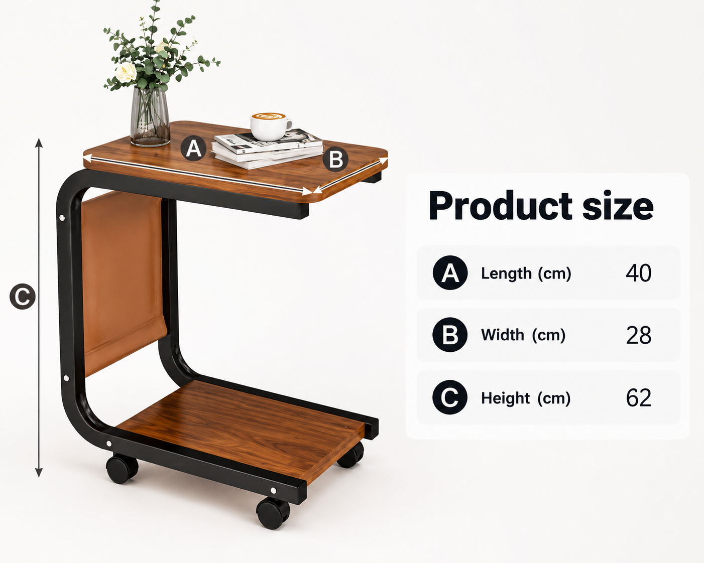 Rolling Sofa Side Table, Compact Bedside Utility Table, Space Saving Laptop Side Table, Compact Bedside Utility Table