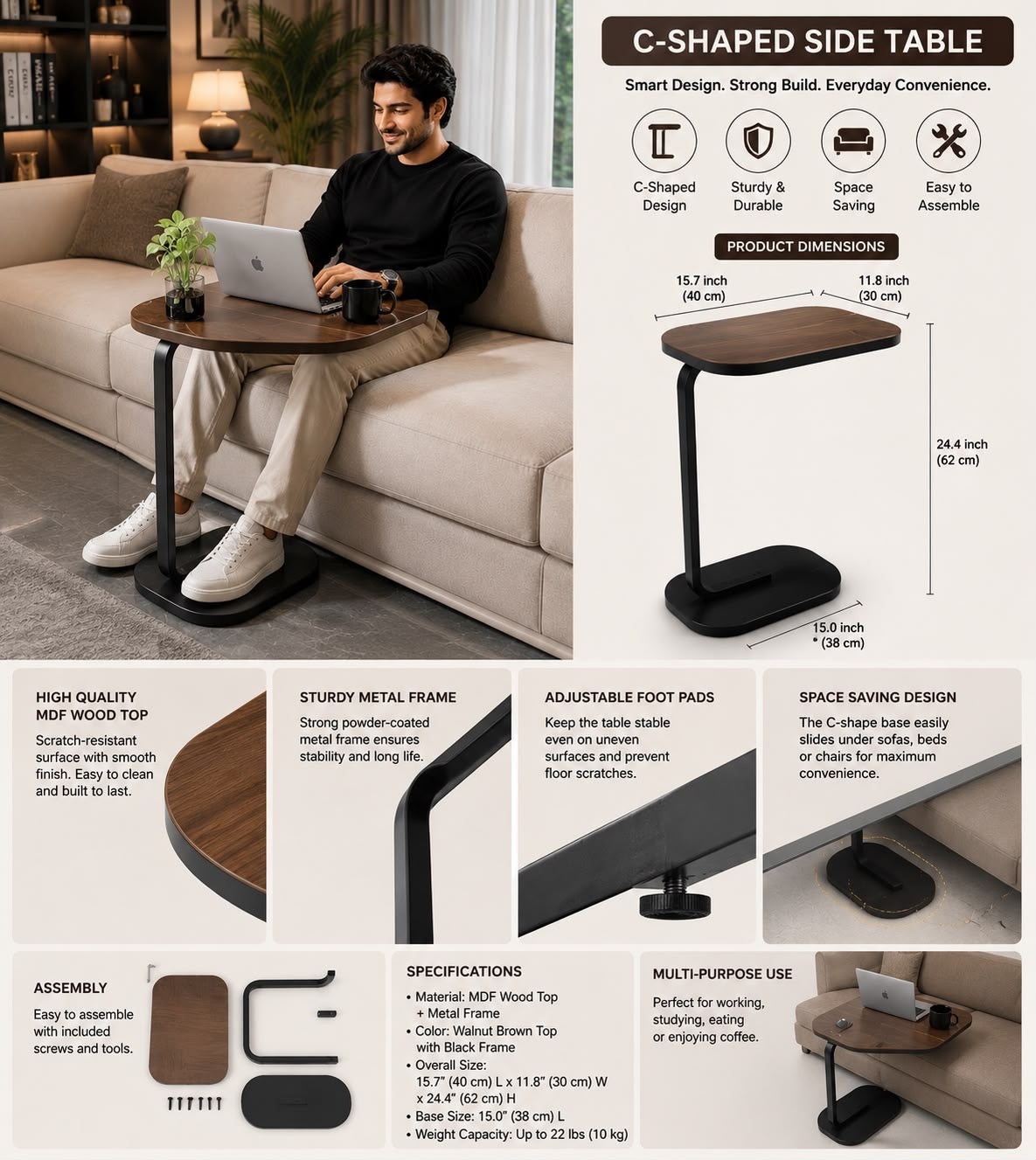 Premium C Shaped Side Table, Portable Bed And Sofa Side Table, Luxury Marble Top Side Table, Compact Laptop Side Table