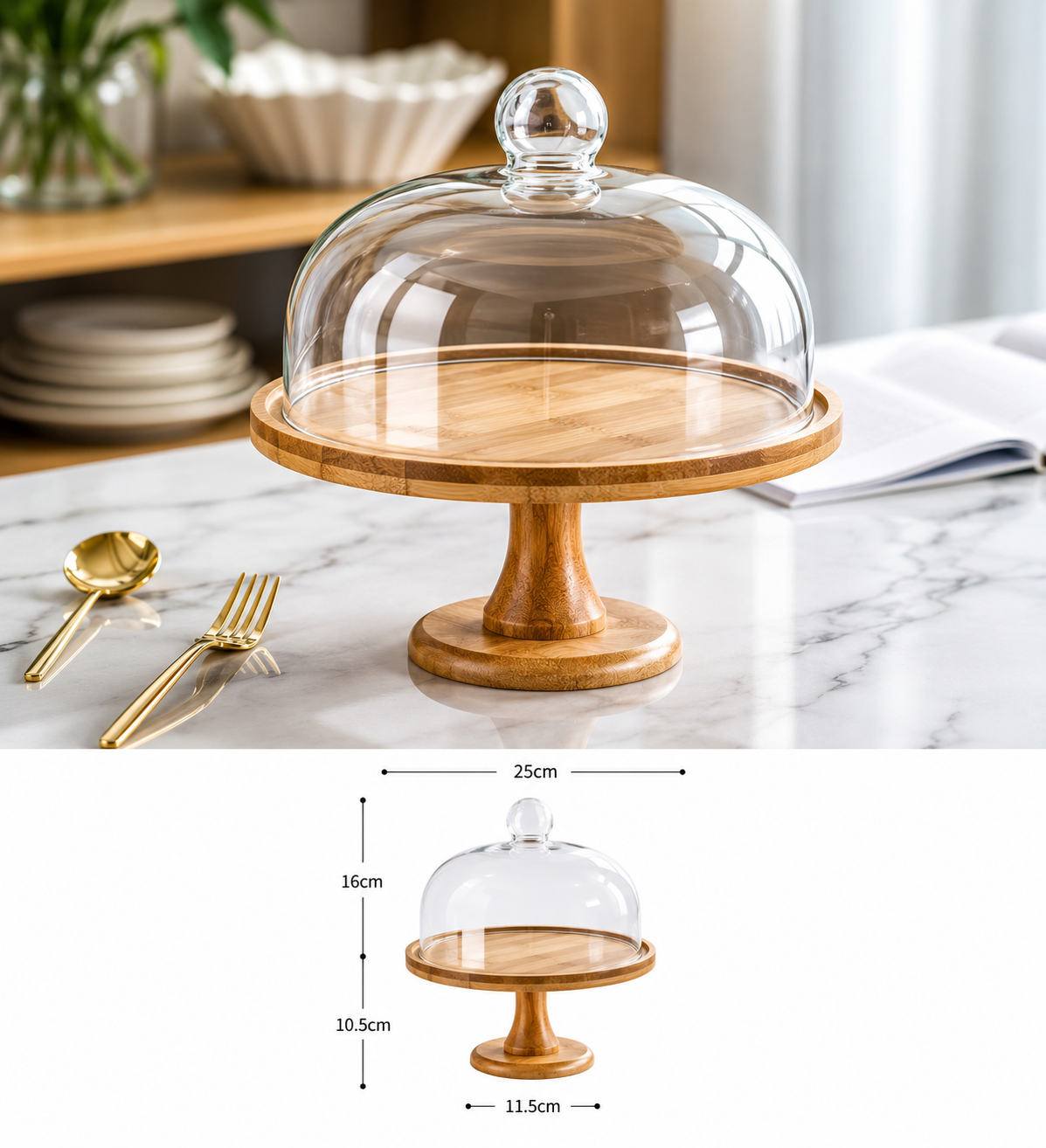 Premium Wooden Cake Stand With Glass Cover, Nordic Cake Stand With Glass Lid, Wooden Dessert Display Stand, Decorative Cake And Dessert Stand