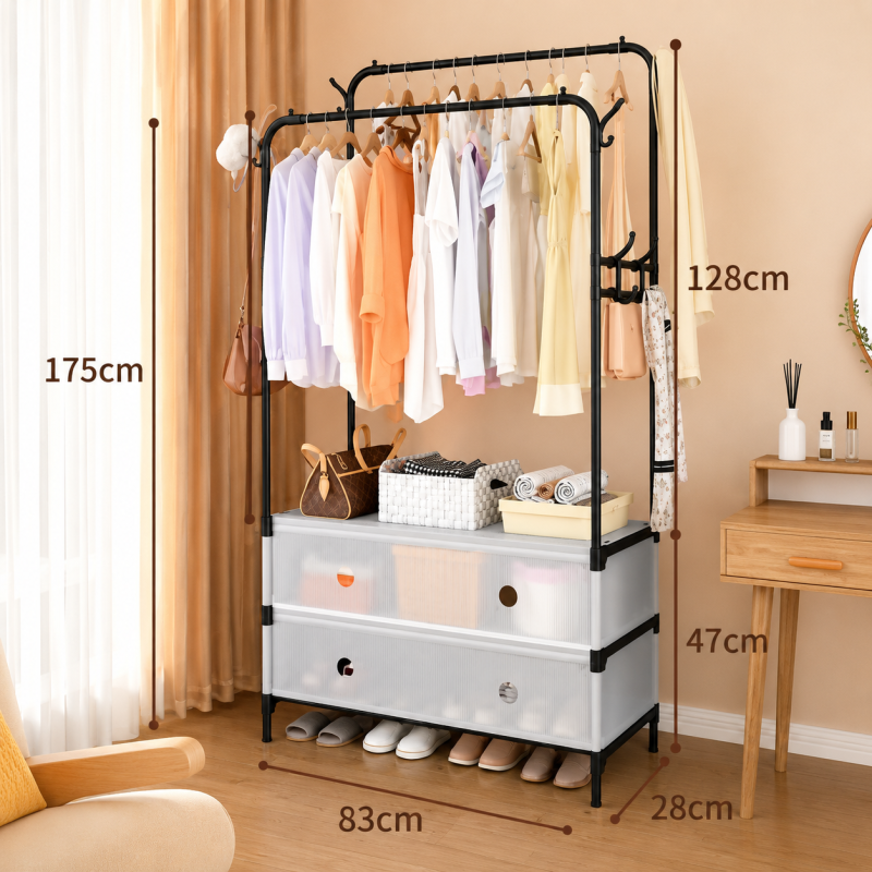 Dual Pole Clothes Rack With Shoe Storage, Simple Clothes Storage Shelf, Bedroom Living Room Hanger, Living Room Clothes Storage Rack