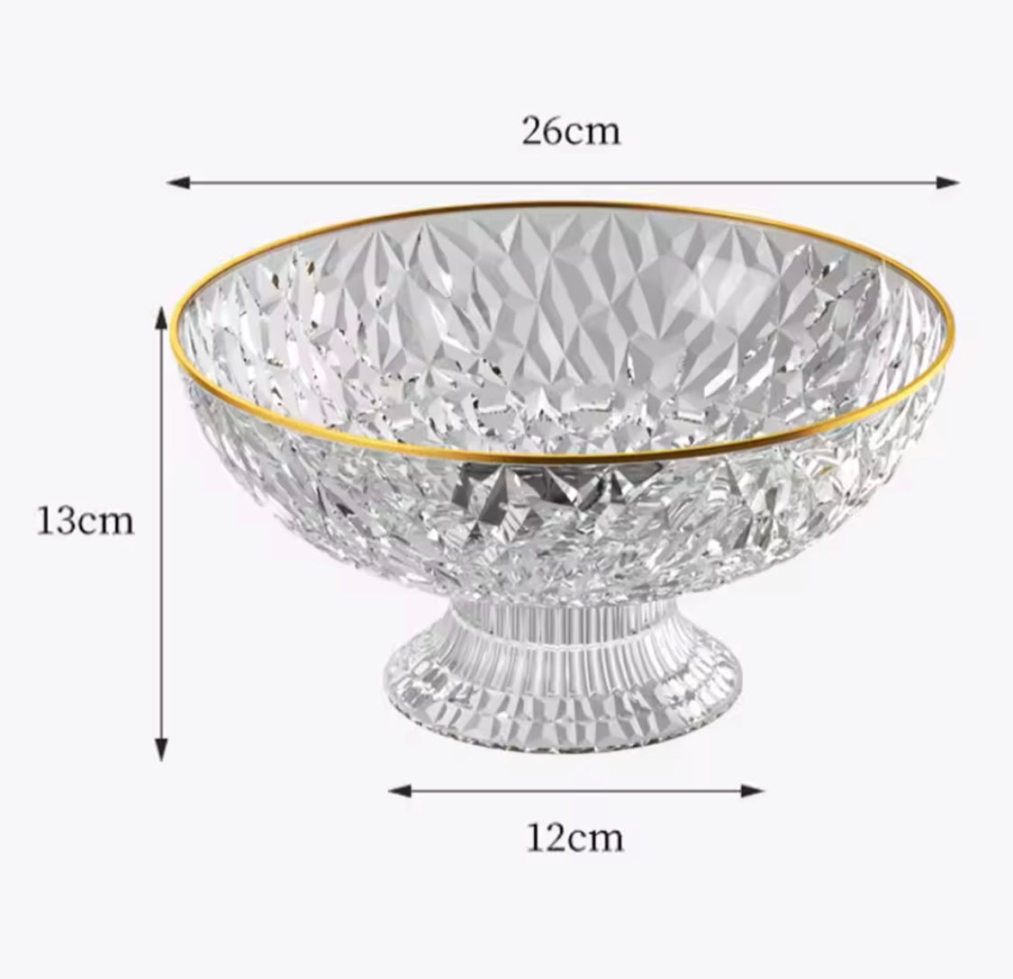 Luxury Fruit Bowl with Gold Rim, Elegant Crystal Pedestal Fruit Serving Bowl, Multipurpose Diamond Cut Fruit Bowl with Gold Edge, Decorative Crystal Centerpiece Bowl