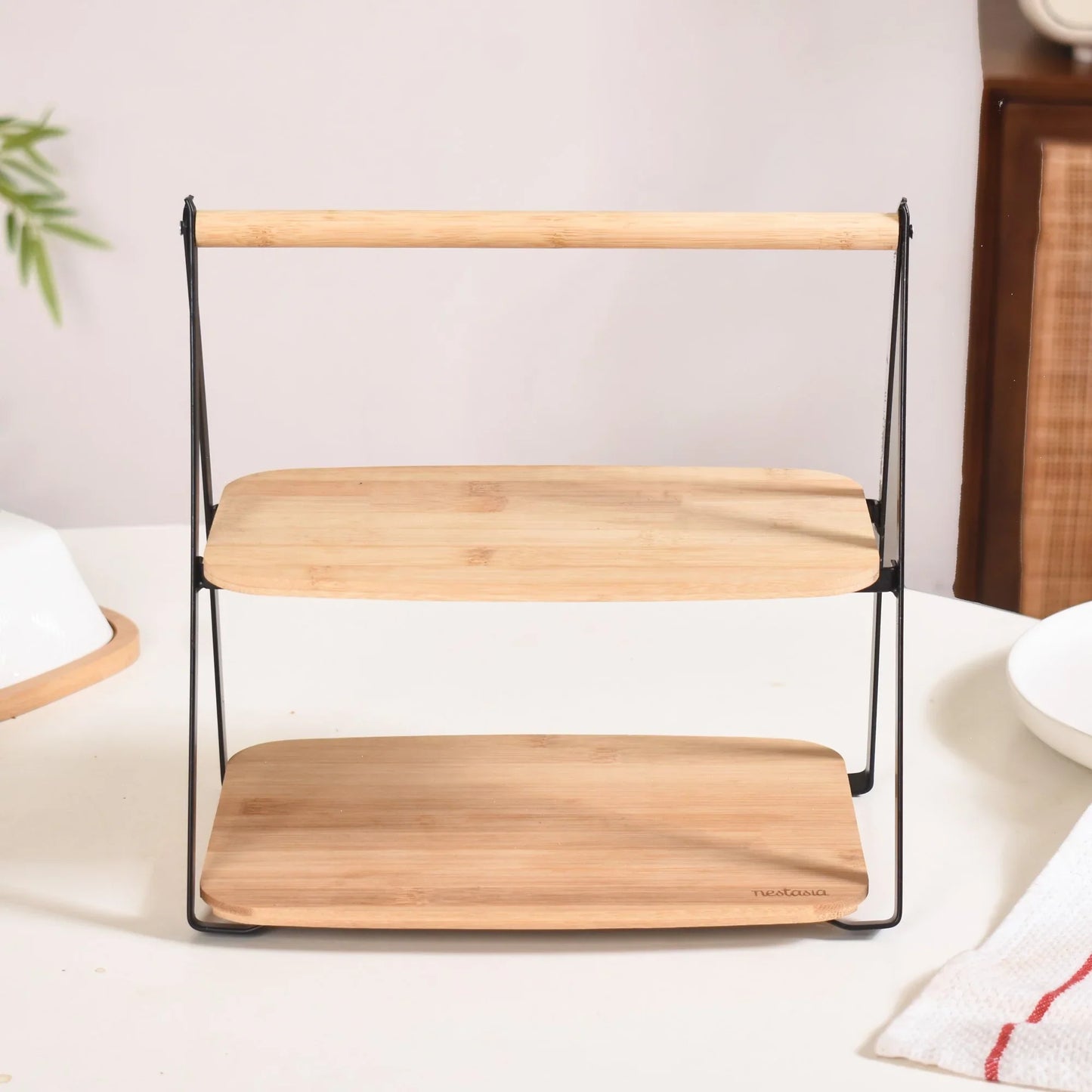2 Tier Kitchen Countertop Organizer, Multi Purpose Storage Rack, Luxury Bamboo Serving Display Stand, Tabletop Storage Stand