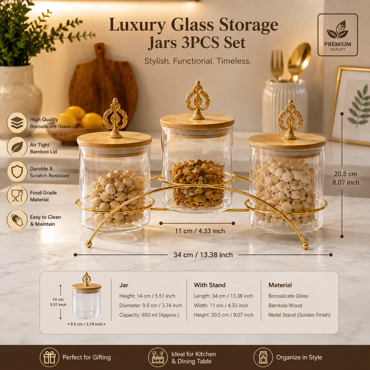 Luxury Glass Storage Jar Set With Gold Stand, Luxury Countertop Glass Canister Set, Premium 3 Piece Glass Storage Jar Set