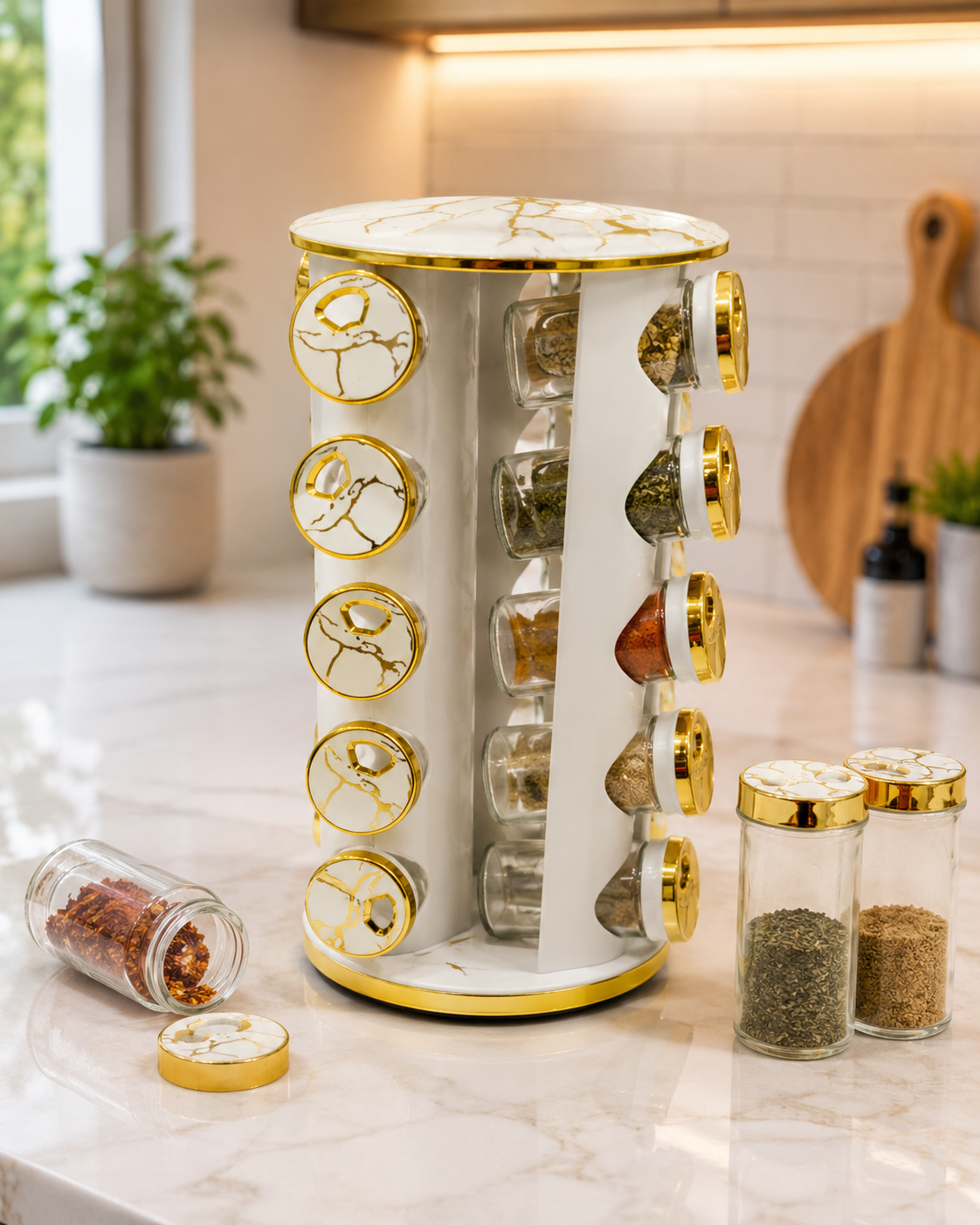 Marble Finish Spice Jar Stand, Modern Rotating Seasoning Organizer, Gold Marble Spice Storage Tower