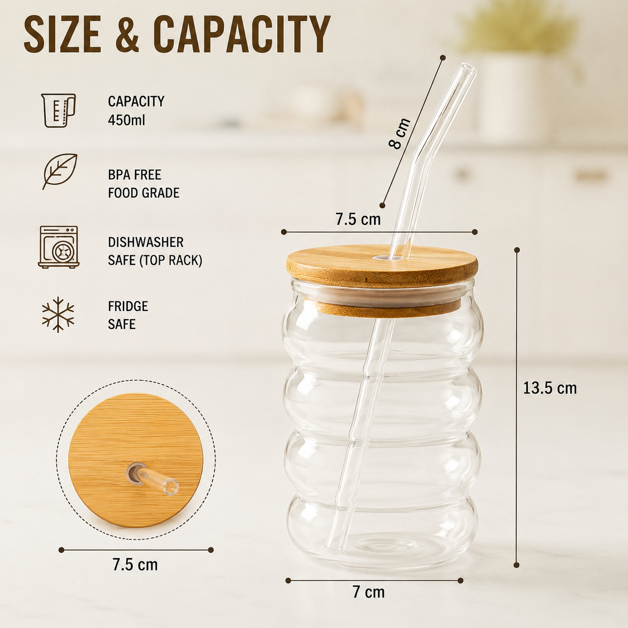 Bubble Glass Tumbler with Lid and Straw, Iced Coffee Mug With Straw With Wooden Lid, Drinking Cup With Lid And Straw