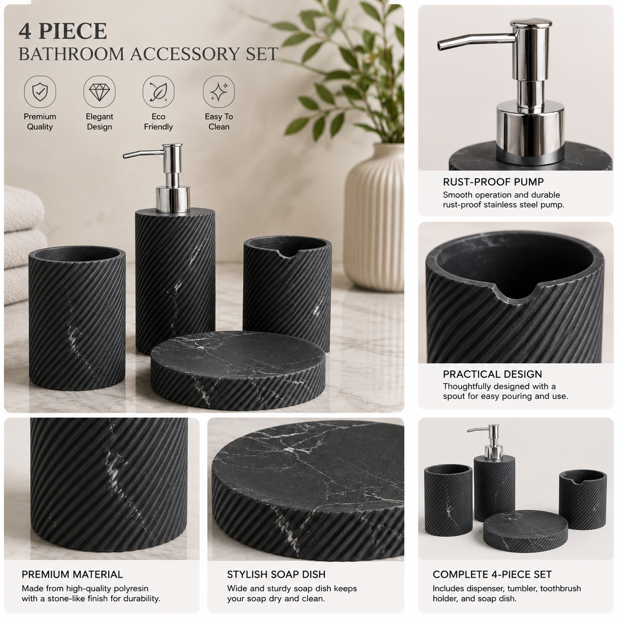 Luxury Marble Bathroom Accessory Set, Nordic Bathroom Organizer Set, Premium 4pcs Bathroom Set, Elegant Bathroom Essentials Set