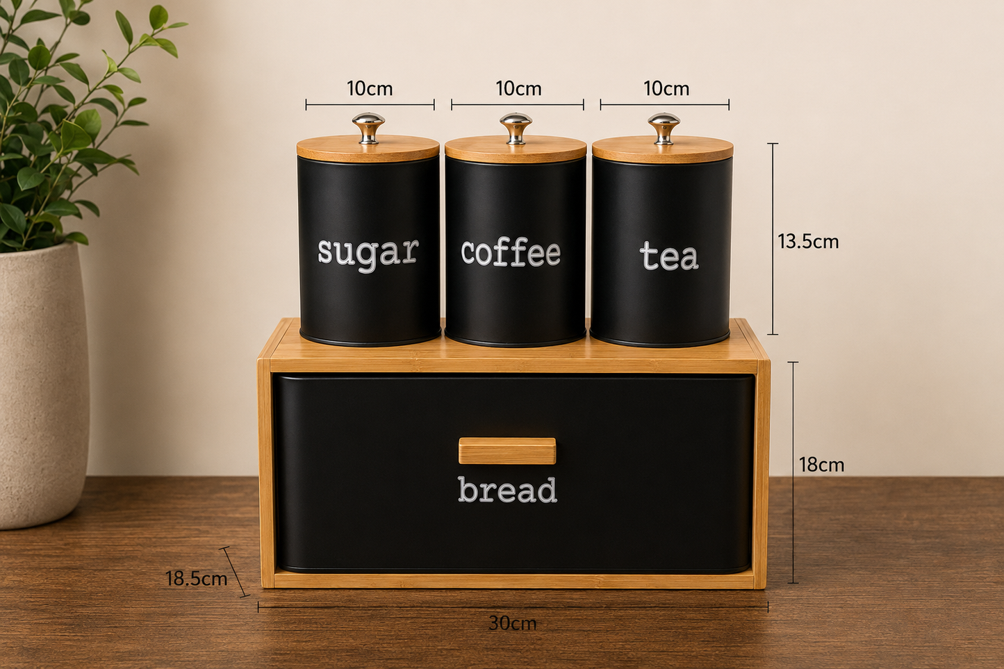 4pcs Nordic Bamboo Bread Box Set, Countertop Bread Box & Sugar Coffee Tea Set, Bamboo Bread Bin with Storage Canisters, Kitchen Counter Organizer Set