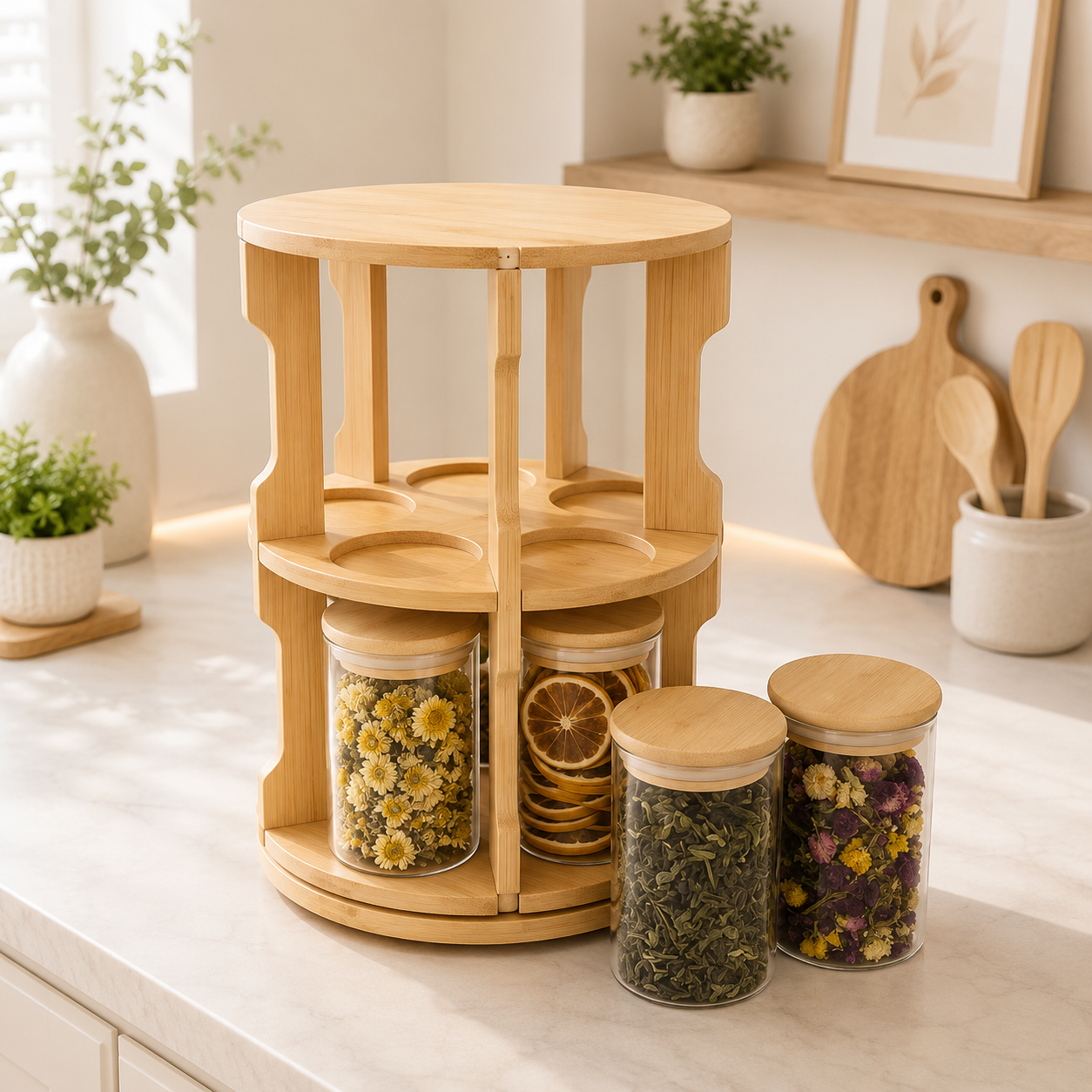 360° Rotating Bamboo Spice Rack, Modern 2 Tier Rotating Spice Rack Set, Kitchen Countertop Rotating Spice Holder