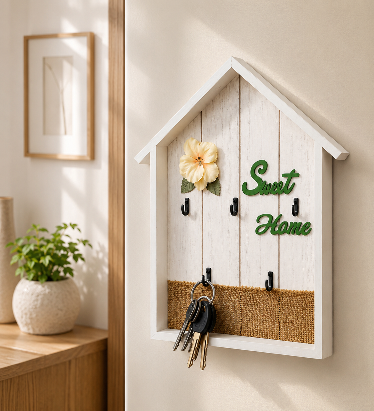 Hut Shaped Wooden Key Holder, Wall Mounted Sweet Home key Organizer, Key Holder For Home Decoration