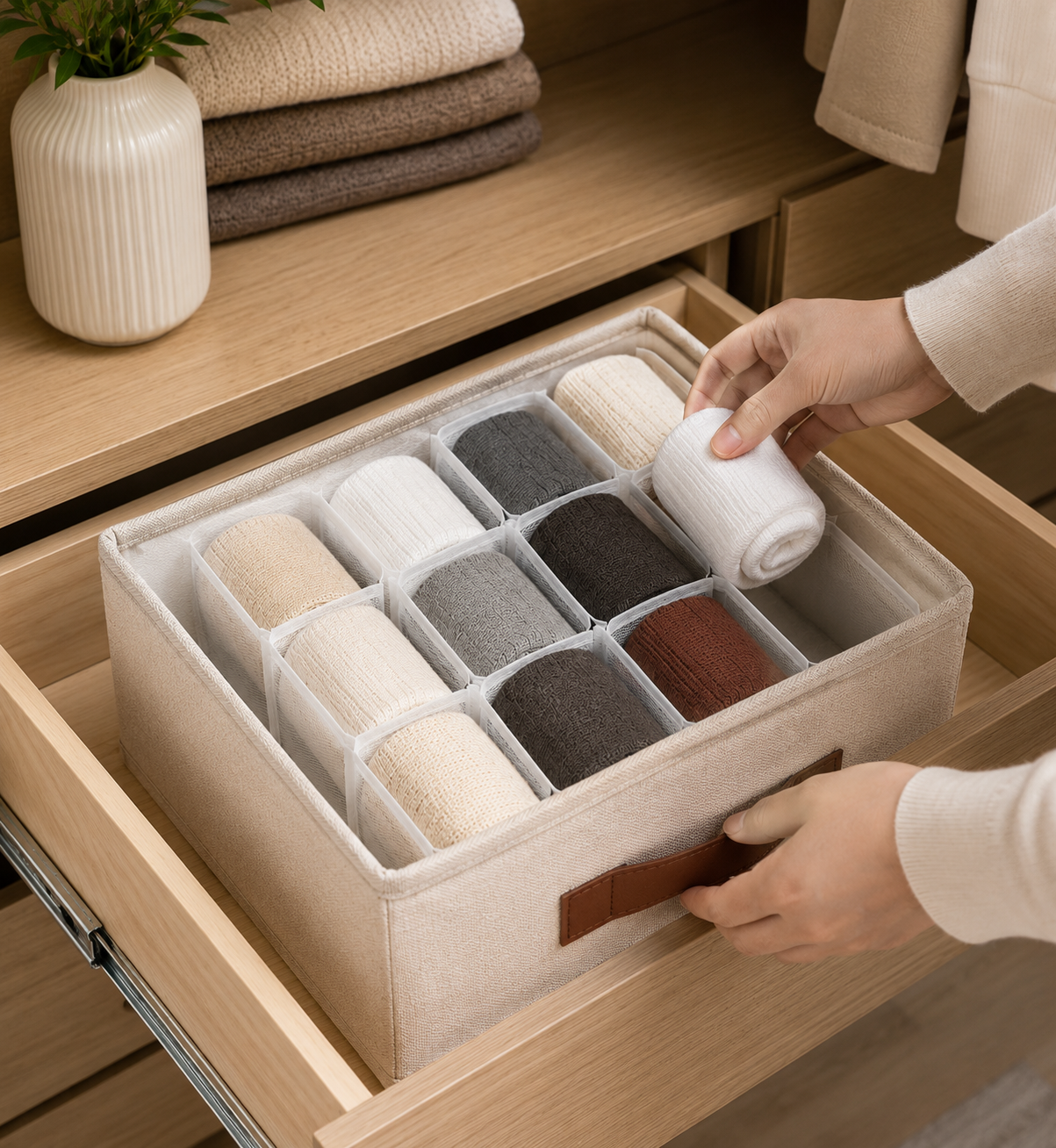 Foldable Closet Organizer Box, Multi Compartment Storage Organizer, Elegant Wardrobe Storage Box, Multi Slot Sock Storage Box