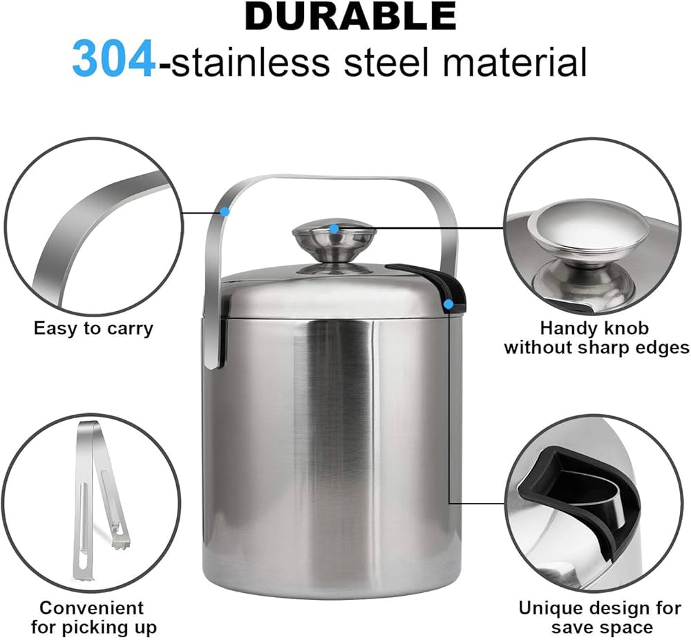 Stainless Steel Ice Buckets With  Ice Tongs, Double Wall Ice Bucket with Lid, Ice Container