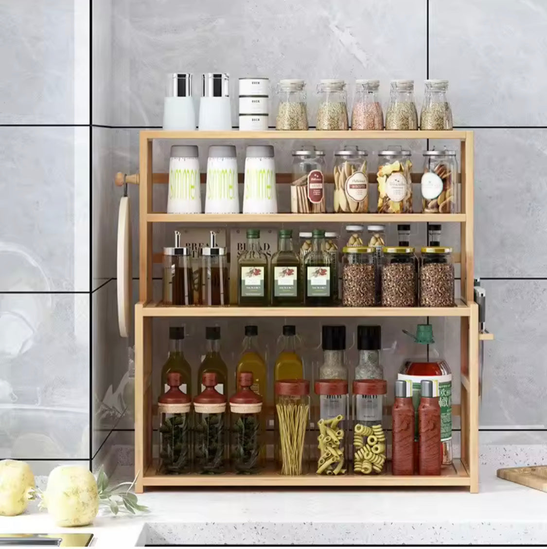 Multi Tier Wooden Bookshelf Organizer, Multifunctional Kitchen Storage Rack, Desktop Sundries Stationery Organizer