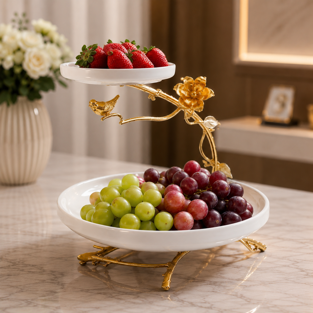 2 Tier Ceramic Cake Stand with Gold Edge, Luxury Two Tier Fruit Stand, Elegant Ceramic Fruit Serving Stand
