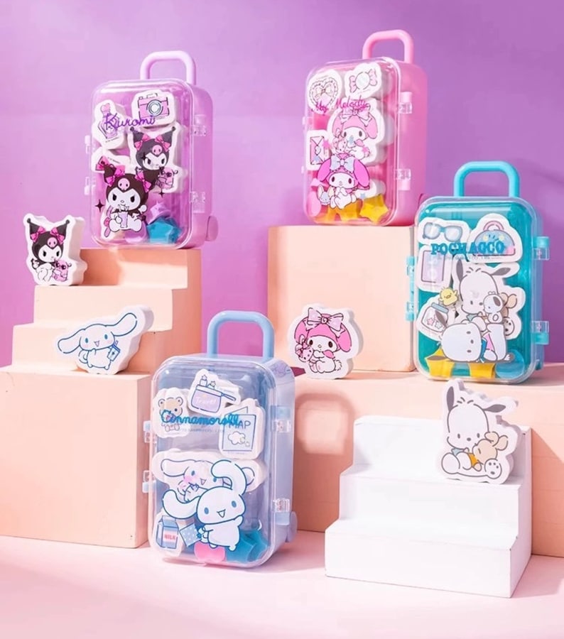 Cute Kawaii Cartoon Eraser Suitcase Toy, 4pcs Suitcase Style Eraser Set, School Kids Eraser Set