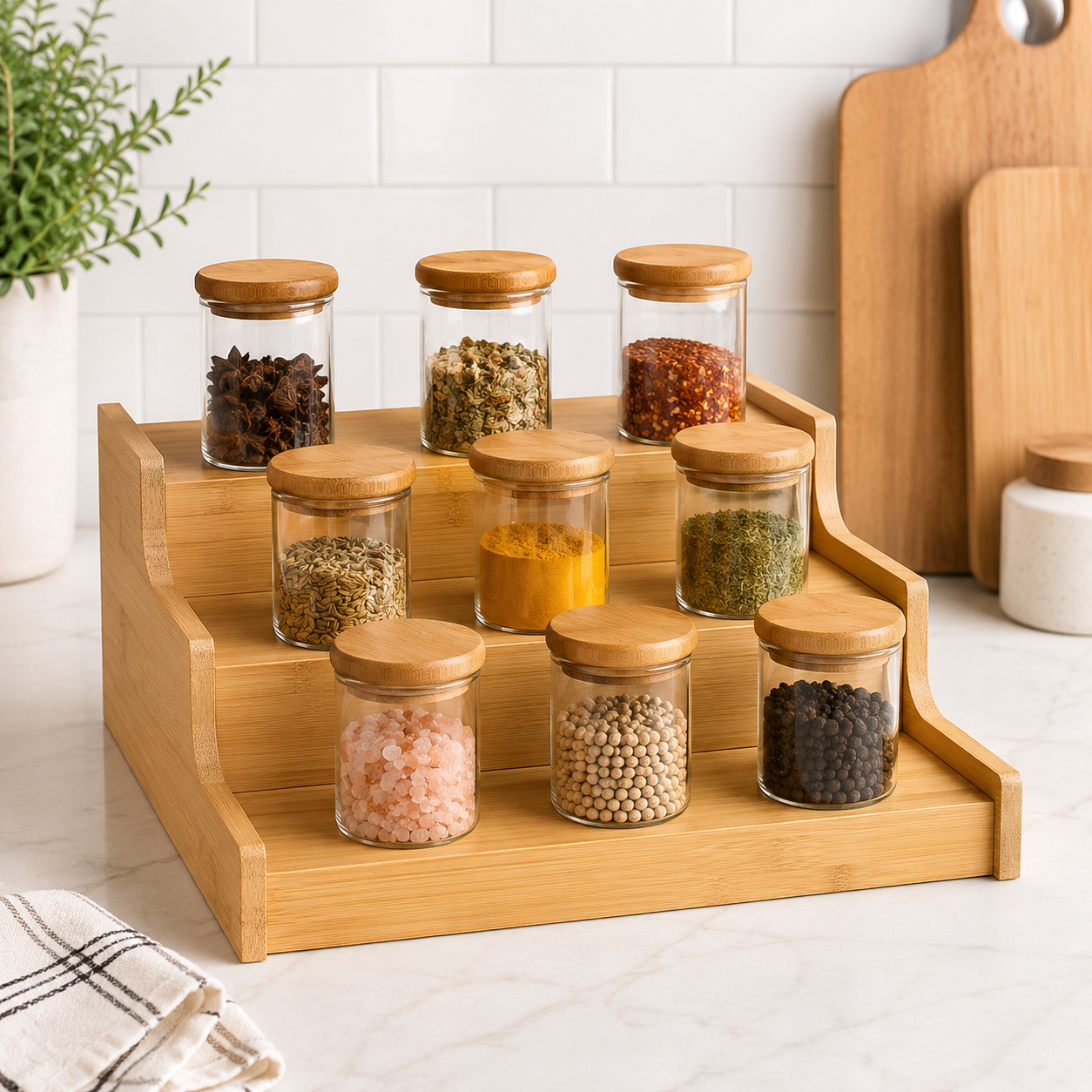 3 Step Bamboo Spice Rack Organizer, Wooden Salad Bar Organizer, Countertop Bamboo Display Stand for Kitchen, Multi Purpose Bamboo Countertop Spices Organizer, Kitchen Gadgets