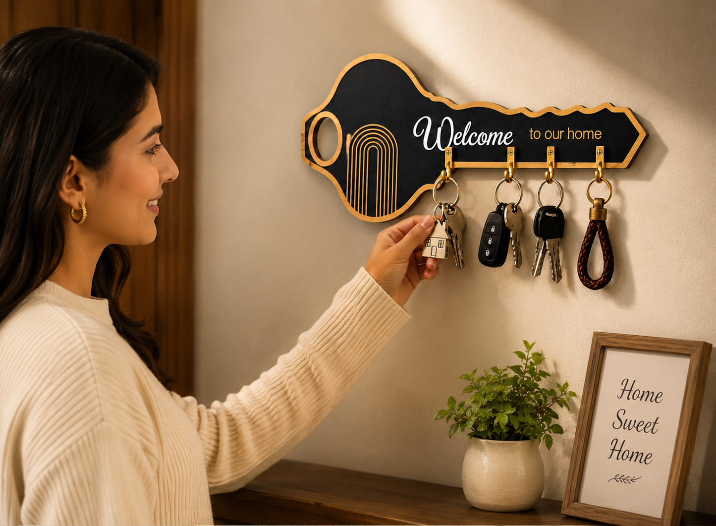 Sweet Home Wooden Key Holder, Elegant Wooden Key Rack, Home Entry Key Organizer, Decorative Home Entrance Key Rack