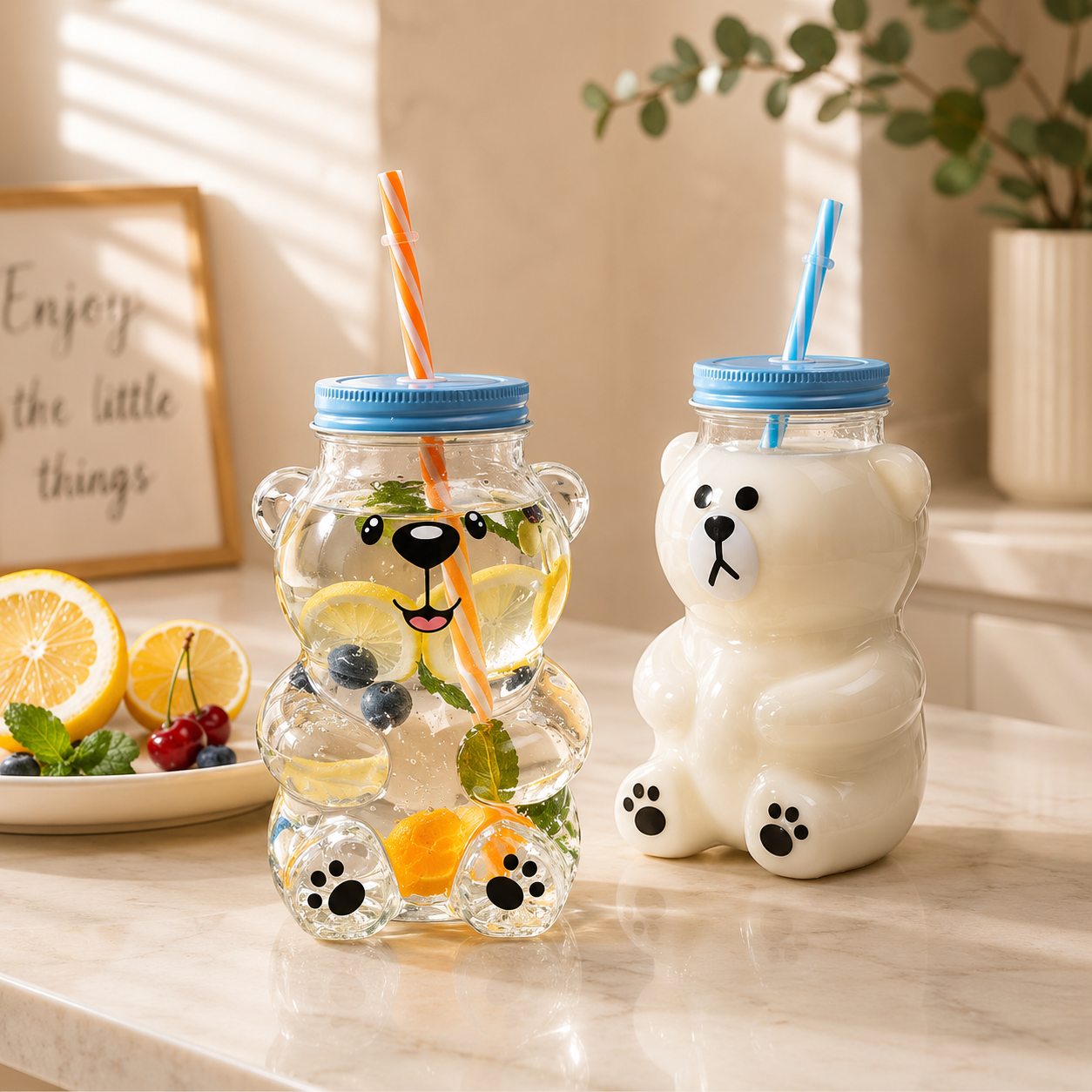 Kawaii Bear Beverage Cup, Plastic Bear Mason Jar Tumbler, Honey Bear Coffee Tumbler, Bear Water Cup With Straw