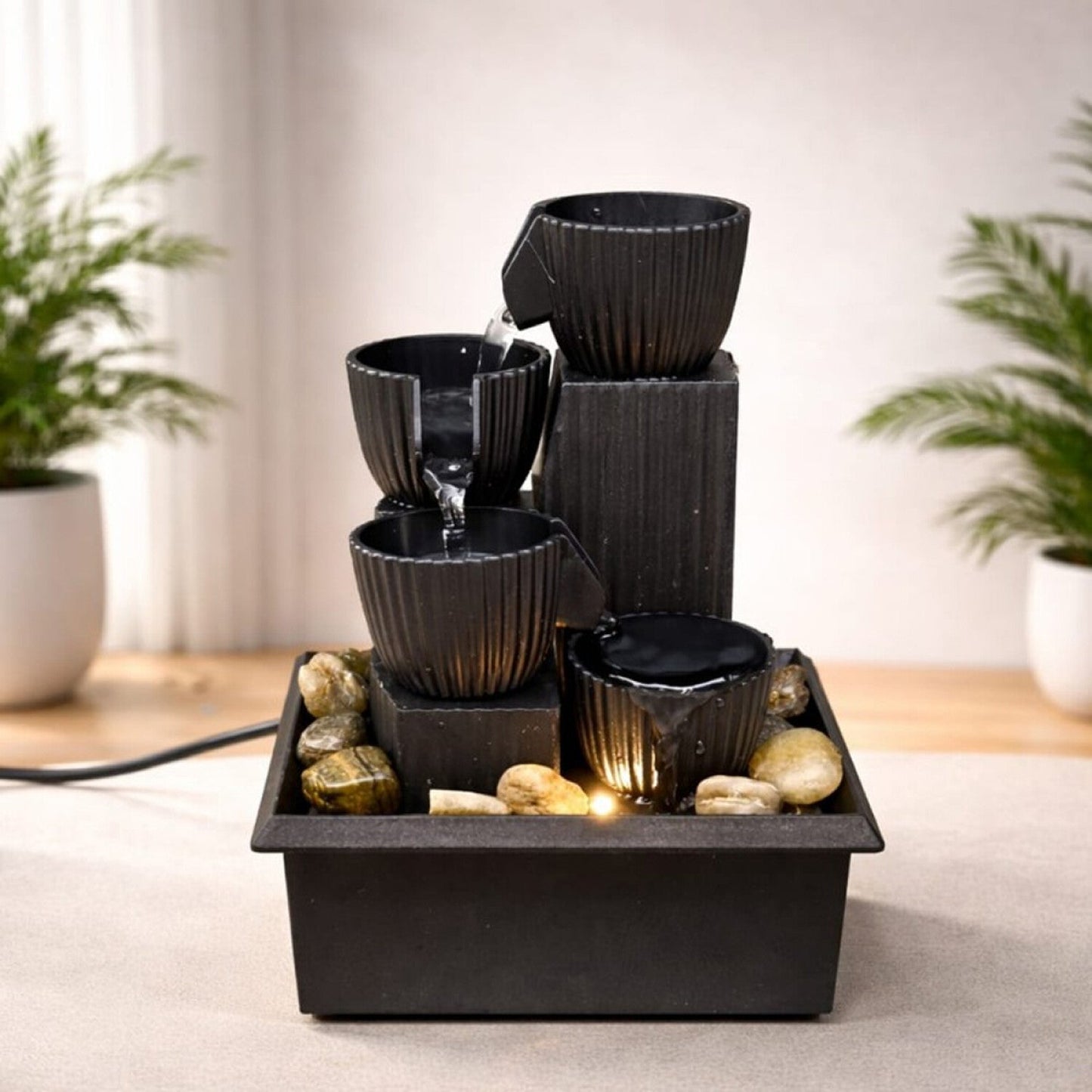 4 Tier Tabletop Decorative Fountain With LED, Electric Water Fountain with Faceted Bowl