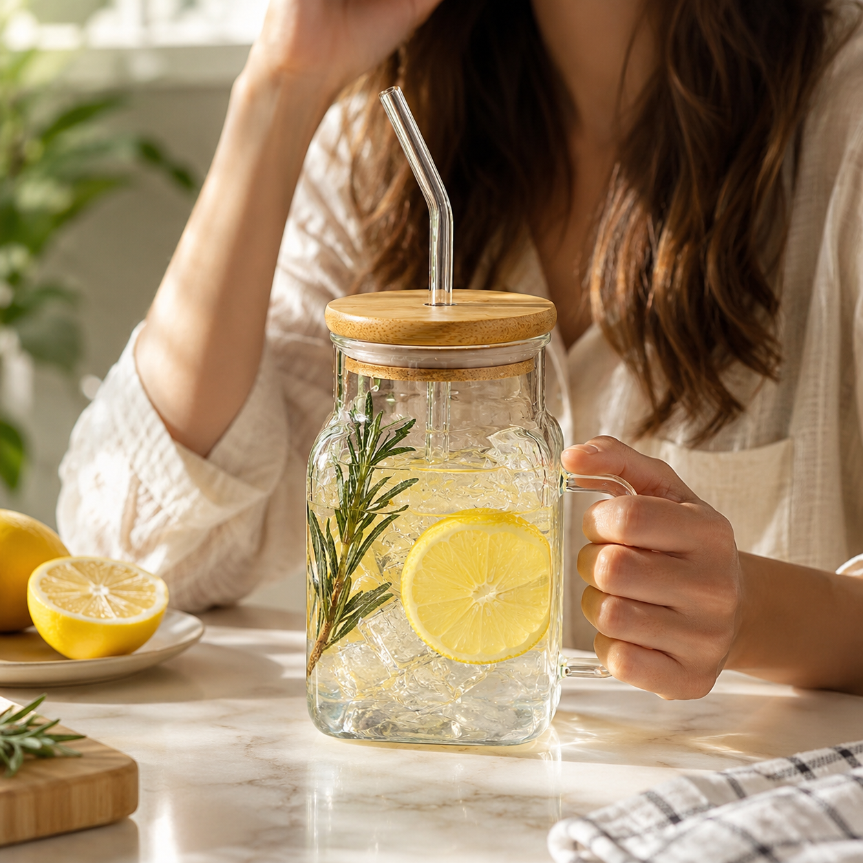 600ml Glass Straw Cup With Handle, Reusable Iced Coffee Mug, Aesthetics Smoothie Cups, Glass Water Tumbler