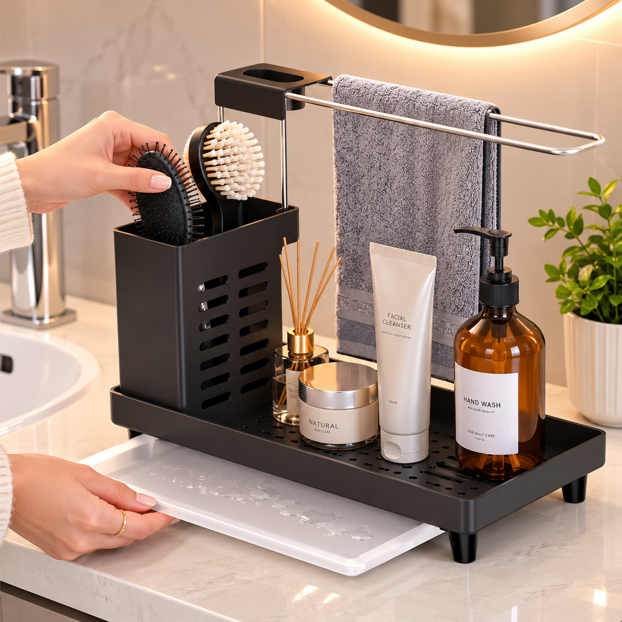 4 In 1 Bathroom Counter Storage Rack, Modern Bathroom Essentials Organizer, Space Saving Bathroom Sink Caddy, Multifunctional Drain Storage Organizer