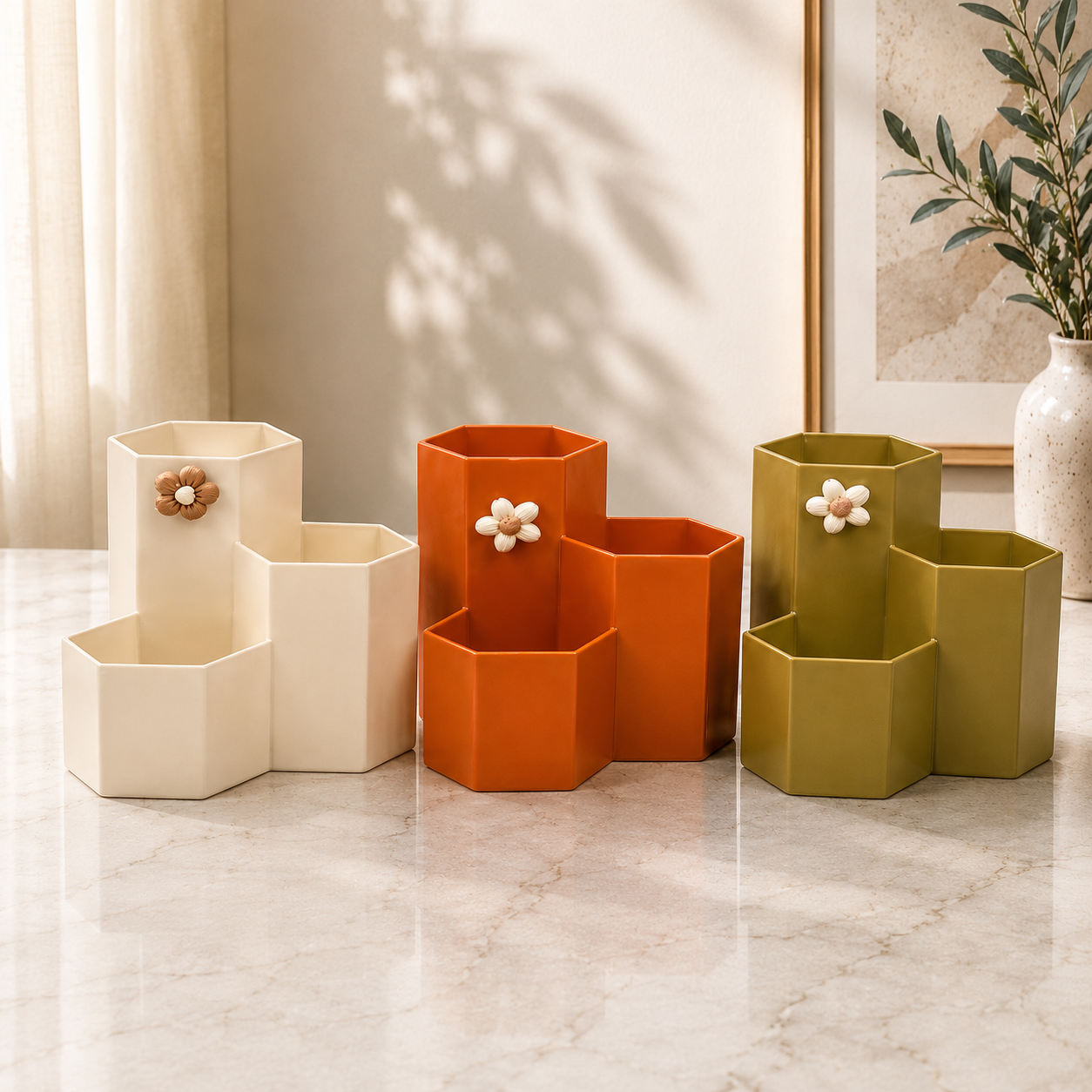 Floral Hexagon Pen Holder, Cute Floral Desk Storage Box, Modern Hexagon Organizer Stand, Multi Compartment Desk Caddy