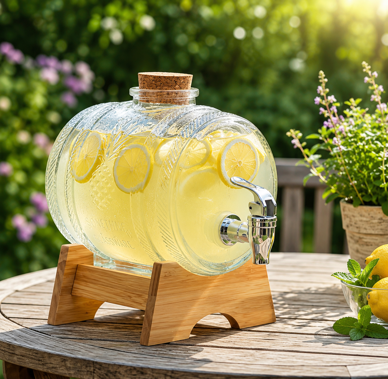 5L Crystal Barrel Glass Beverage Dispenser, Vintage Glass Drink Dispenser with Wooden Stand, Decorative Glass Lemonade Barrel, Elegant Serving Beverage Dispenser