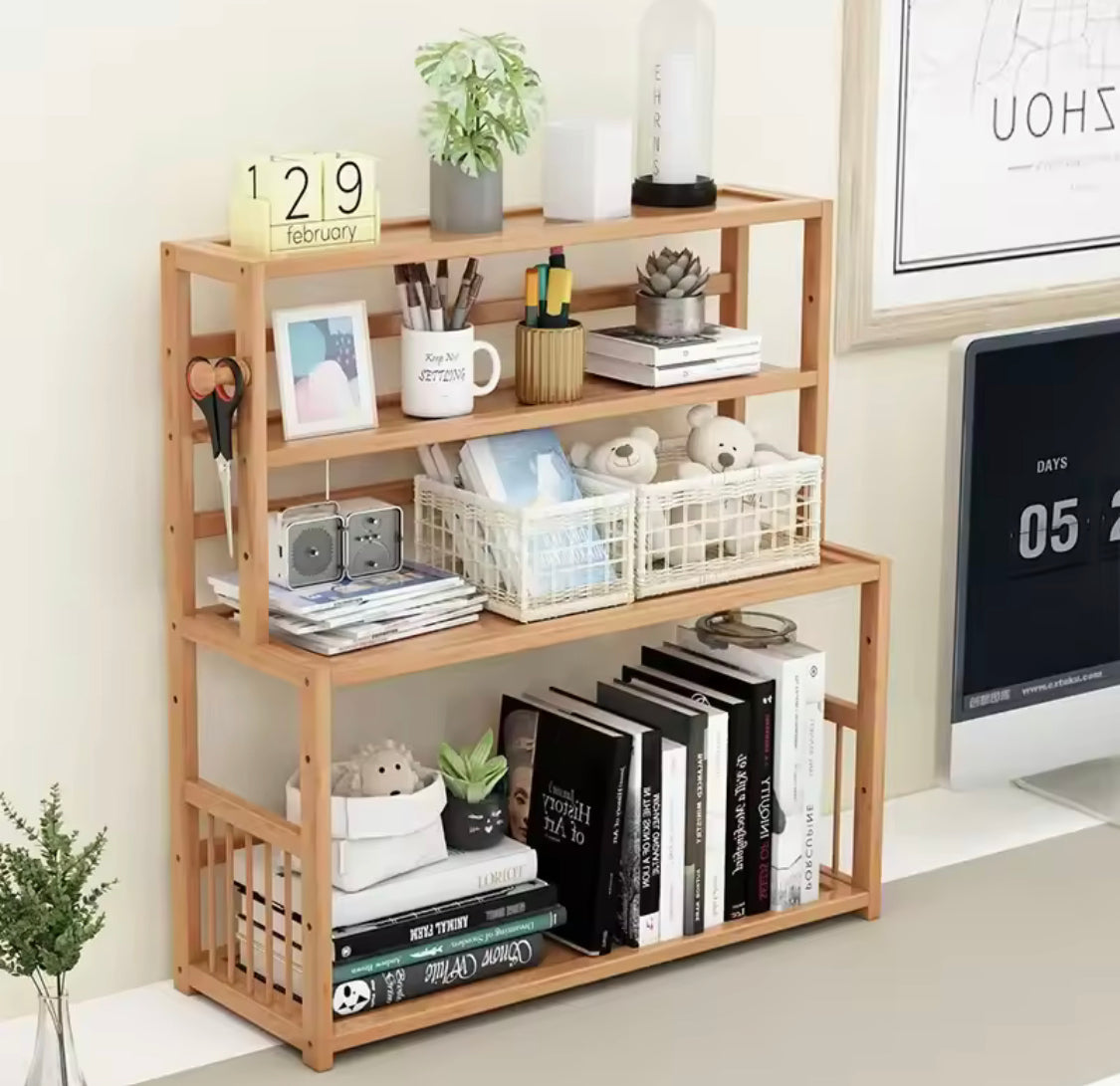 Multi Tier Wooden Bookshelf Organizer, Multifunctional Kitchen Storage Rack, Desktop Sundries Stationery Organizer