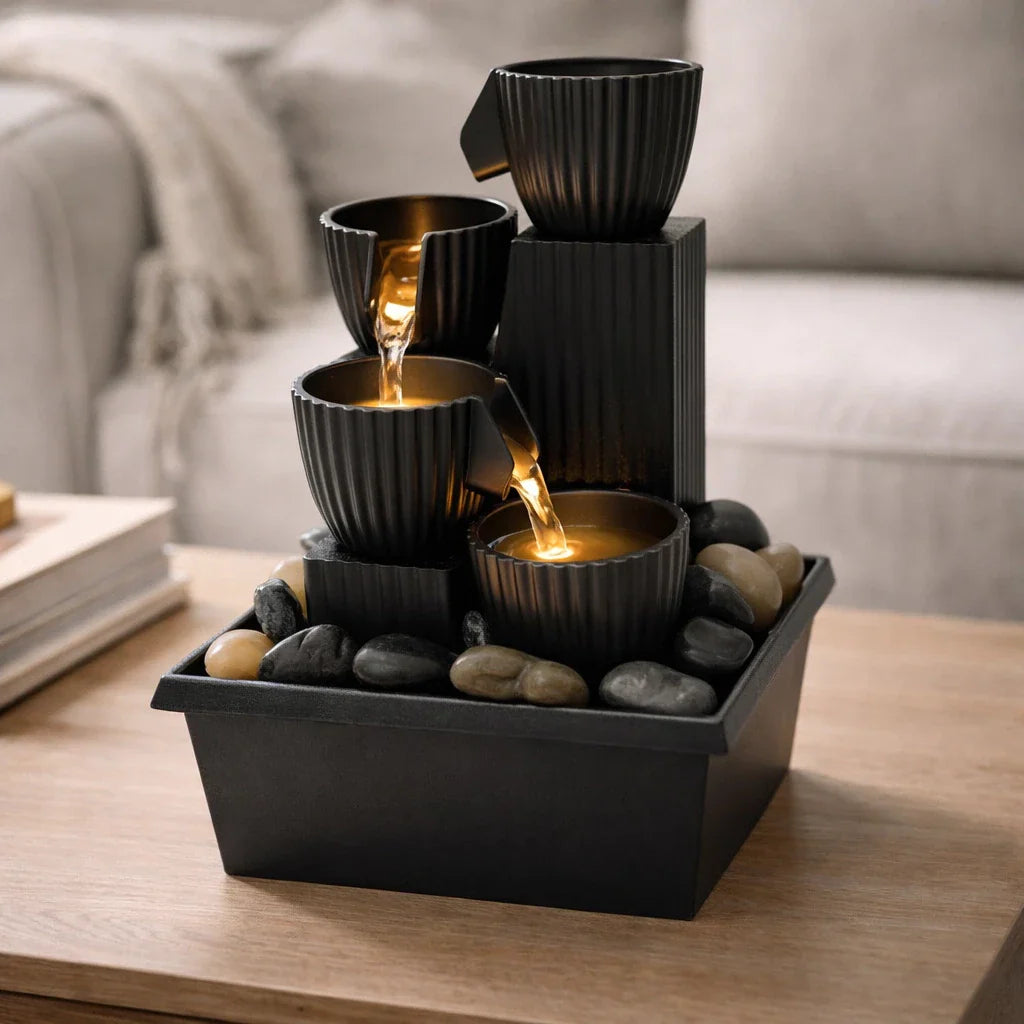 4 Tier Tabletop Decorative Fountain With LED, Electric Water Fountain with Faceted Bowl