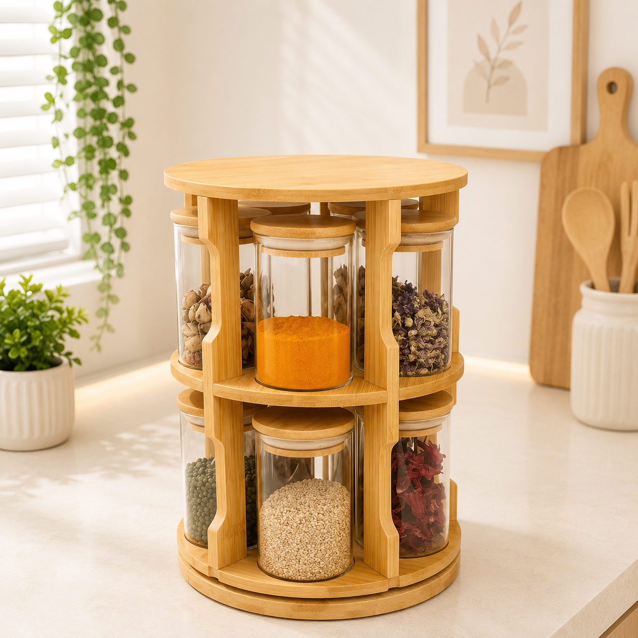 360° Rotating Bamboo Spice Rack, Modern 2 Tier Rotating Spice Rack Set, Kitchen Countertop Rotating Spice Holder