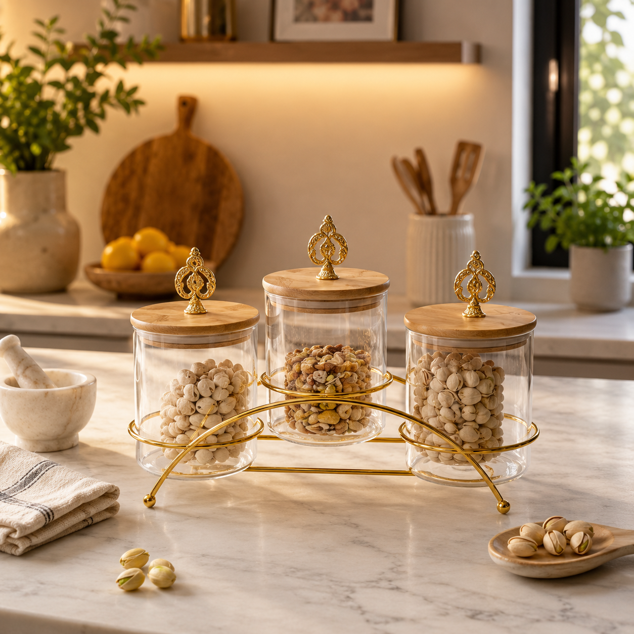 Luxury Glass Storage Jar Set With Gold Stand, Luxury Countertop Glass Canister Set, Premium 3 Piece Glass Storage Jar Set
