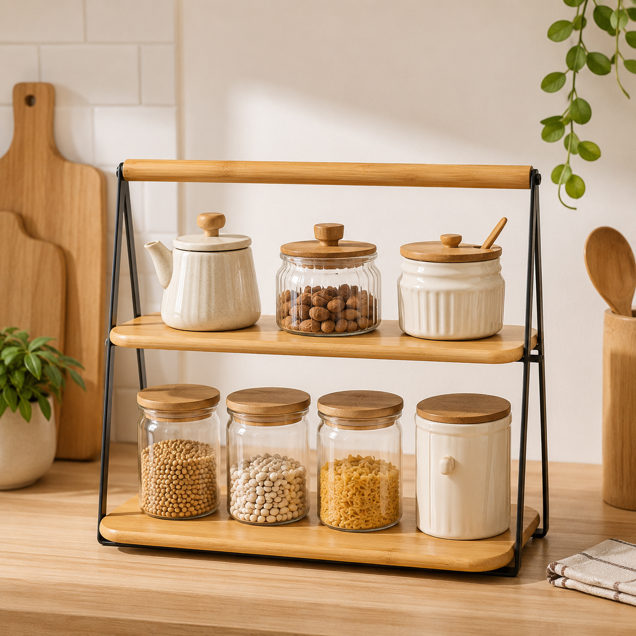 2 Tier Kitchen Countertop Organizer, Multi Purpose Storage Rack, Luxury Bamboo Serving Display Stand, Tabletop Storage Stand