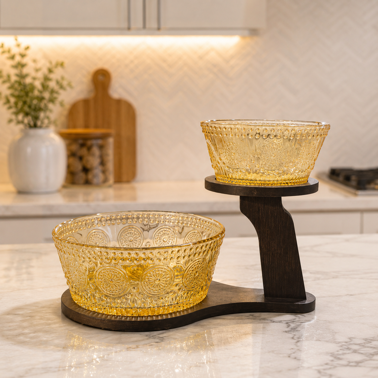 Nordic 2 Tier Dessert And Snack Display Stand, Elegant Glass Fruit Bowl With Wooden Stand, Luxury Glass Serving Bowls With Wooden Base