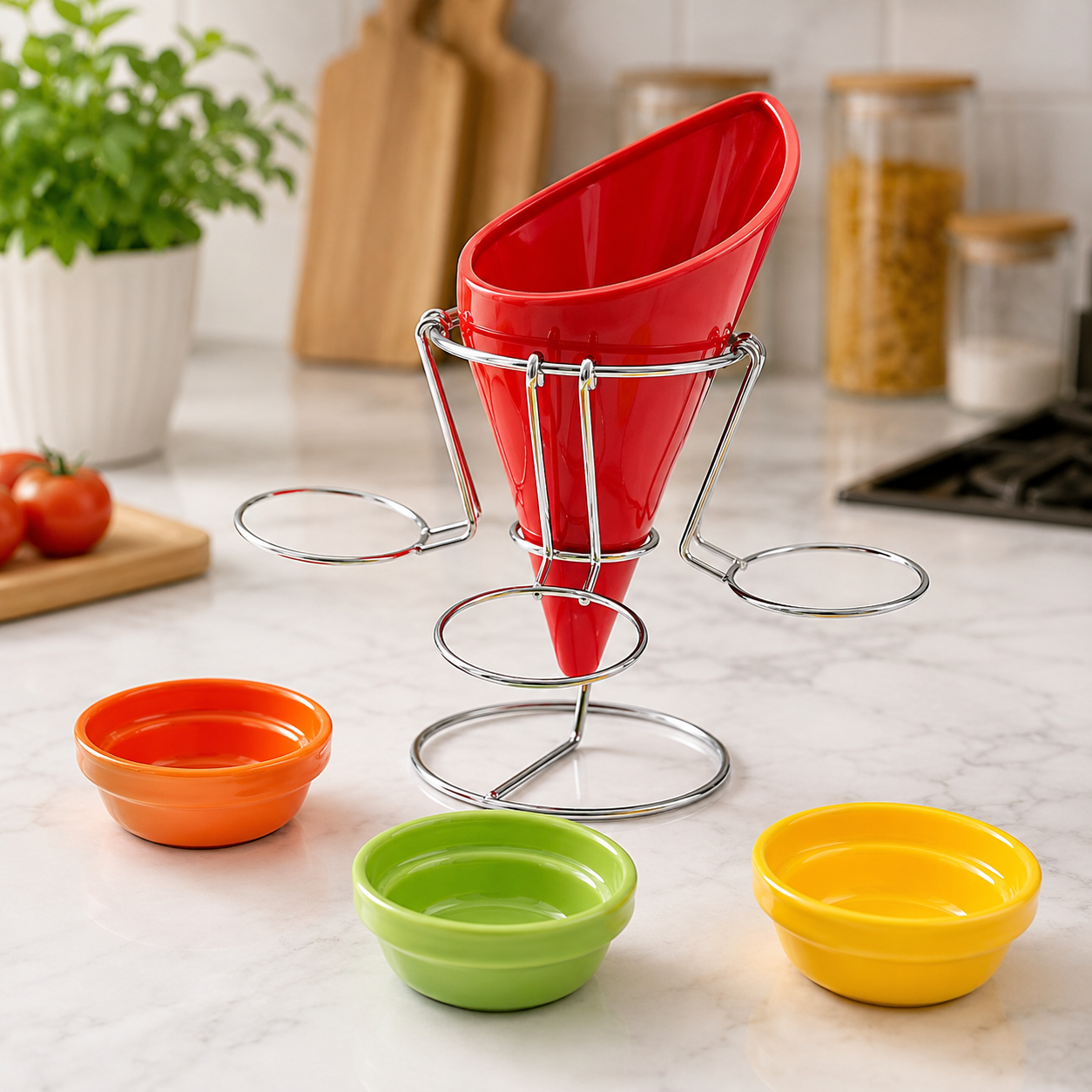 3 In 1 Snack Cone And Dip Serving Stand, French Fry Cone Serving Set With Dip Bowls, Premium Snack Serving Holder With Dip Cups, Tabletop Snack Cone Display Stand