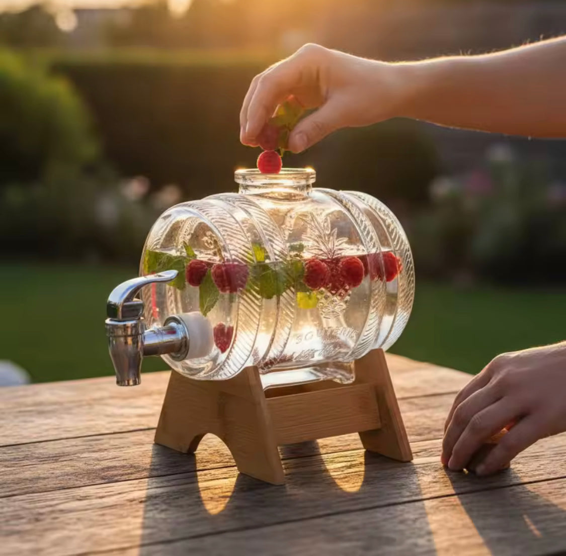 5L Crystal Barrel Glass Beverage Dispenser, Vintage Glass Drink Dispenser with Wooden Stand, Decorative Glass Lemonade Barrel, Elegant Serving Beverage Dispenser