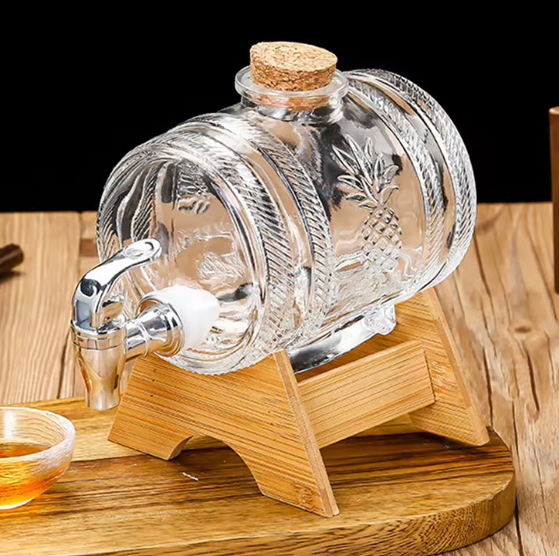 5L Crystal Barrel Glass Beverage Dispenser, Vintage Glass Drink Dispenser with Wooden Stand, Decorative Glass Lemonade Barrel, Elegant Serving Beverage Dispenser