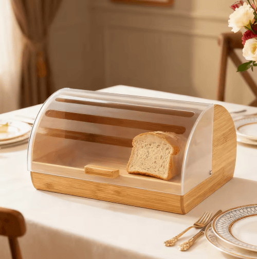 Bamboo Pastry Storage Box With Transparent Cover, Countertop Cookies Muffins Box, Bread Storage Organizer, Bamboos Bread Organizers Box With Clear Lid