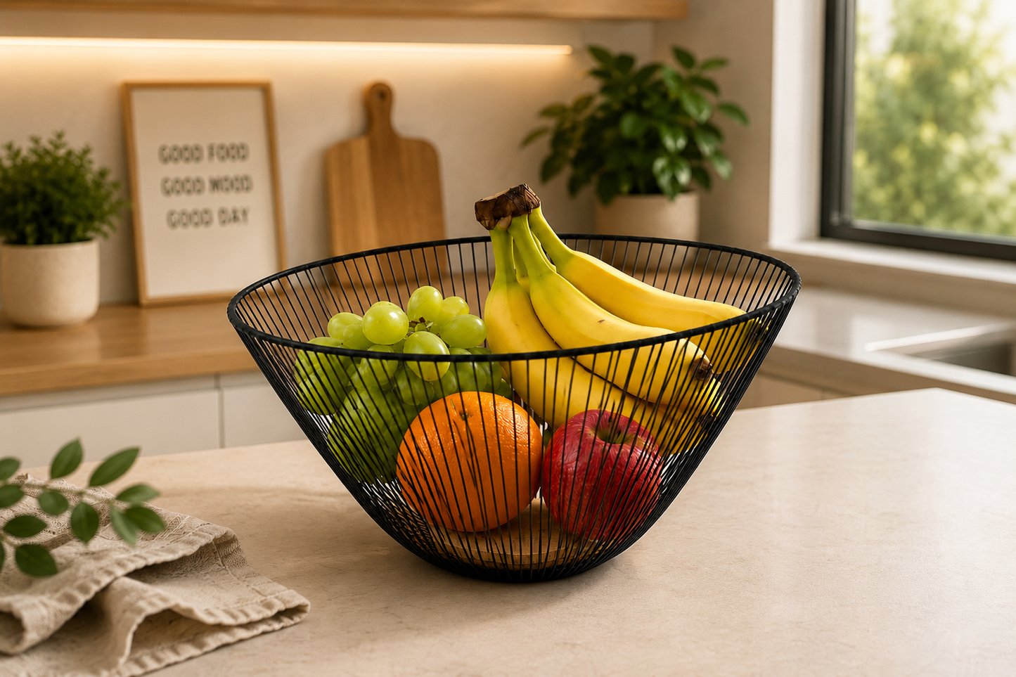 Round Wire Fruit Basket, Modern Minimalist Metal Fruit Bowl, Kitchen Countertop Fruit Basket