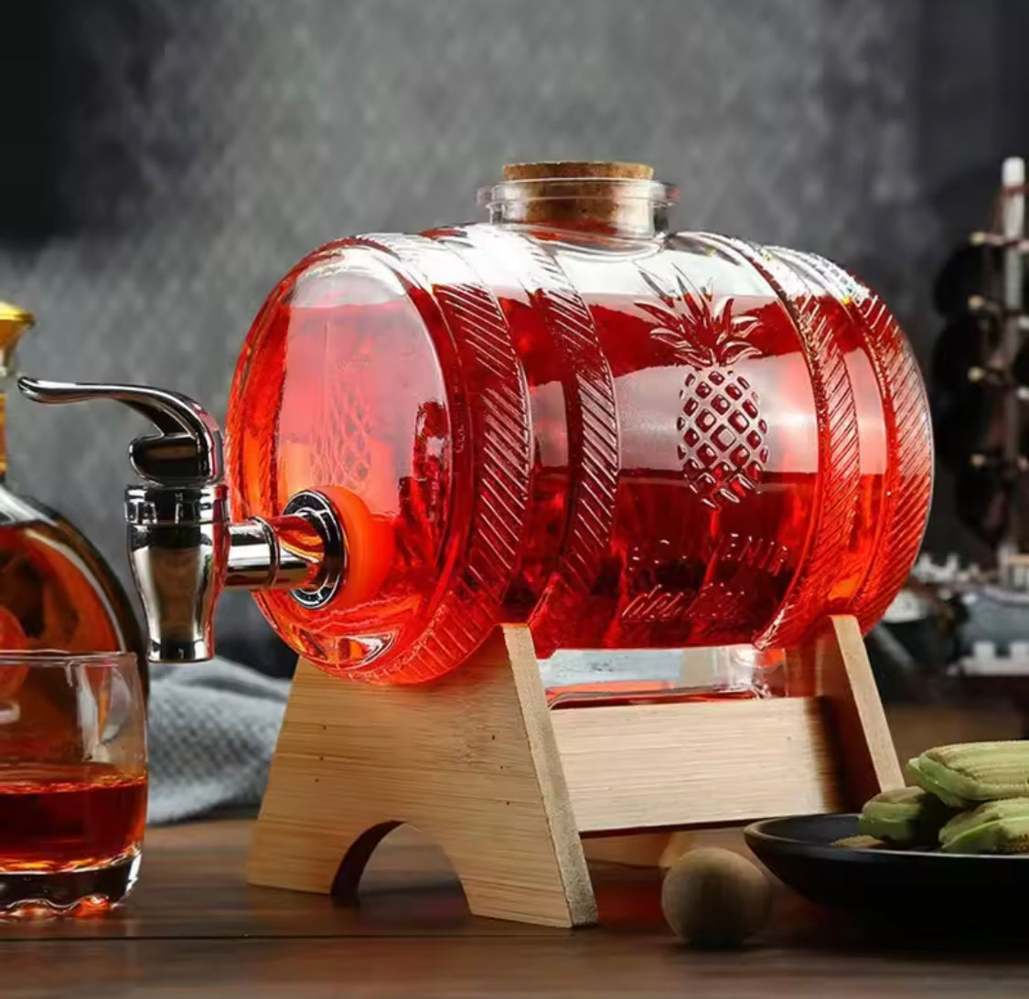 5L Crystal Barrel Glass Beverage Dispenser, Vintage Glass Drink Dispenser with Wooden Stand, Decorative Glass Lemonade Barrel, Elegant Serving Beverage Dispenser