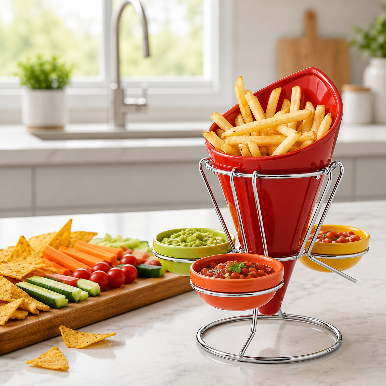 3 In 1 Snack Cone And Dip Serving Stand, French Fry Cone Serving Set With Dip Bowls, Premium Snack Serving Holder With Dip Cups, Tabletop Snack Cone Display Stand