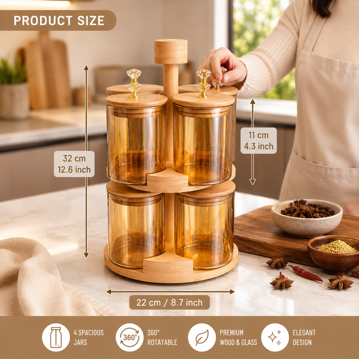 360°  Rotating Spice Rack Set With Bamboo Stand, Airtight Revolving Masala Organizer With Wooden Lids, Kitchen Countertop Spice Holder