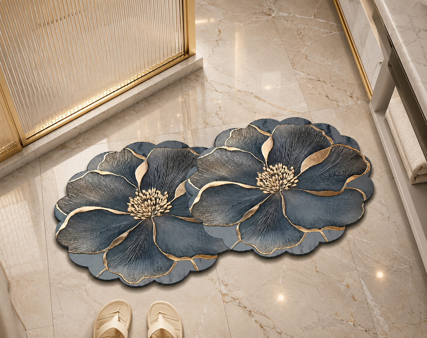 Anti Slip Gold Floral Pattern Bath Mat, Flower Design Washable Door Mat, Cute Flower Plush Floor Rug