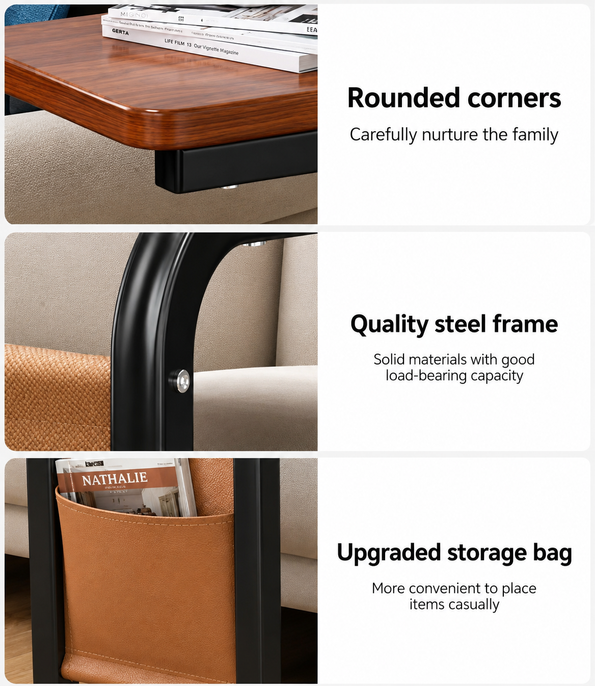 Rolling Sofa Side Table, Compact Bedside Utility Table, Space Saving Laptop Side Table, Compact Bedside Utility Table
