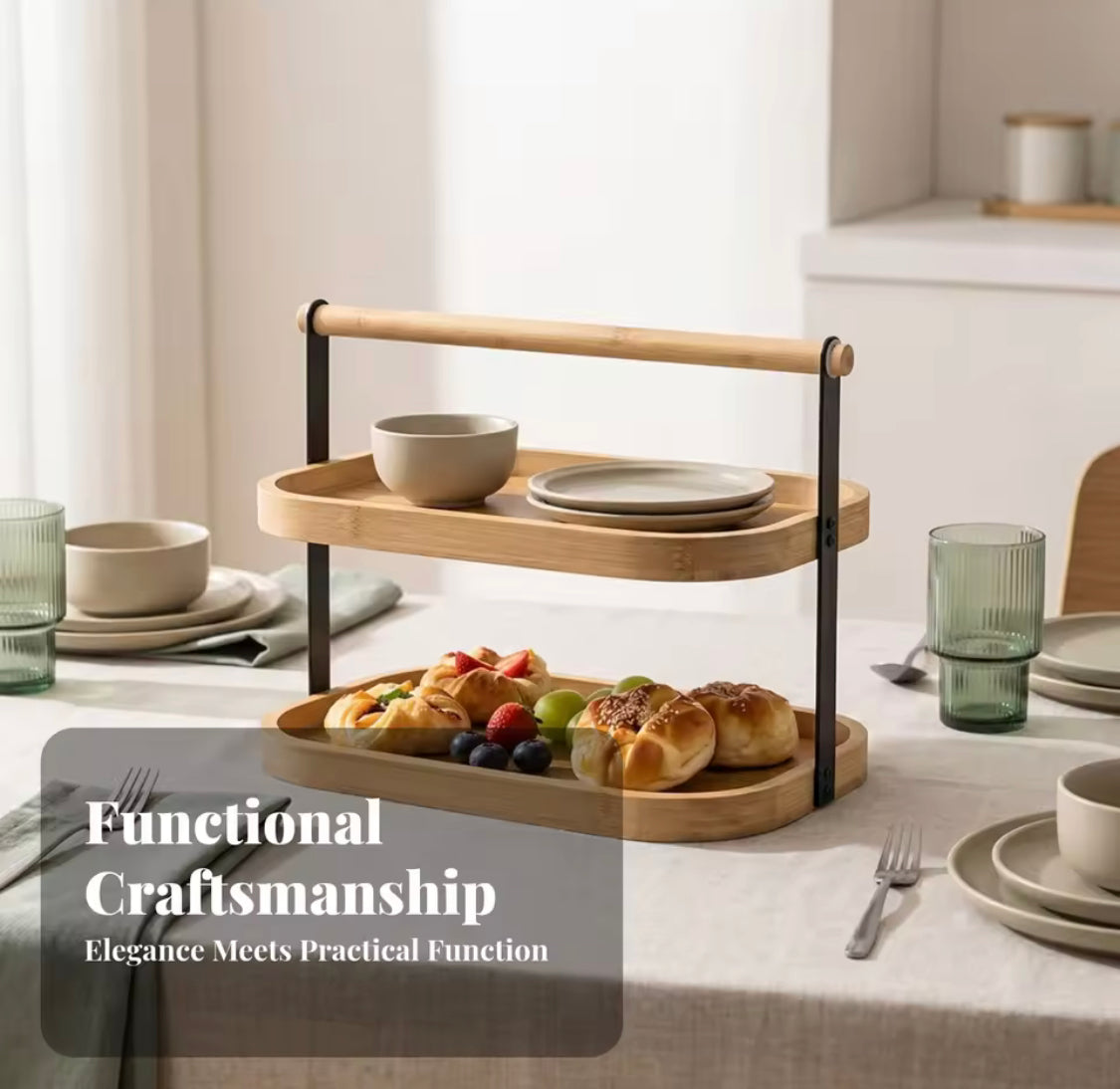 2 Tier Bamboo Kitchen Organizer, Nordic Bamboo Counter Rack, Multifunctional Serving Platter with Handle, Two Tier Serveware Tray