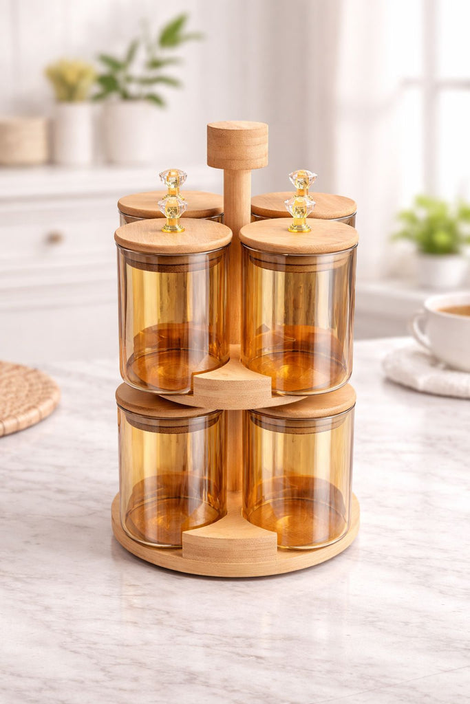 360°  Rotating Spice Rack Set With Bamboo Stand, Airtight Revolving Masala Organizer With Wooden Lids, Kitchen Countertop Spice Holder