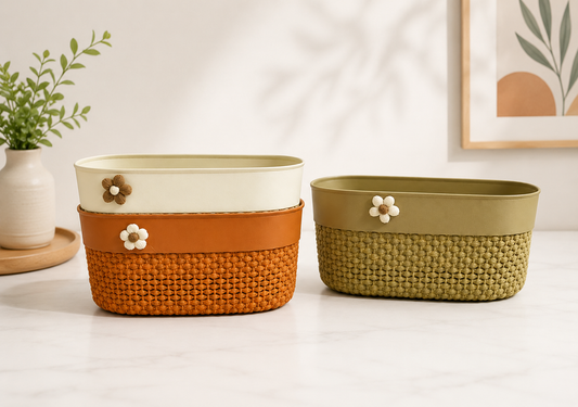 Floral Design Storage Organizer, Multipurpose Woven Storage Basket, Bathroom And Bedroom Storage Basket, Decorative Organizer
