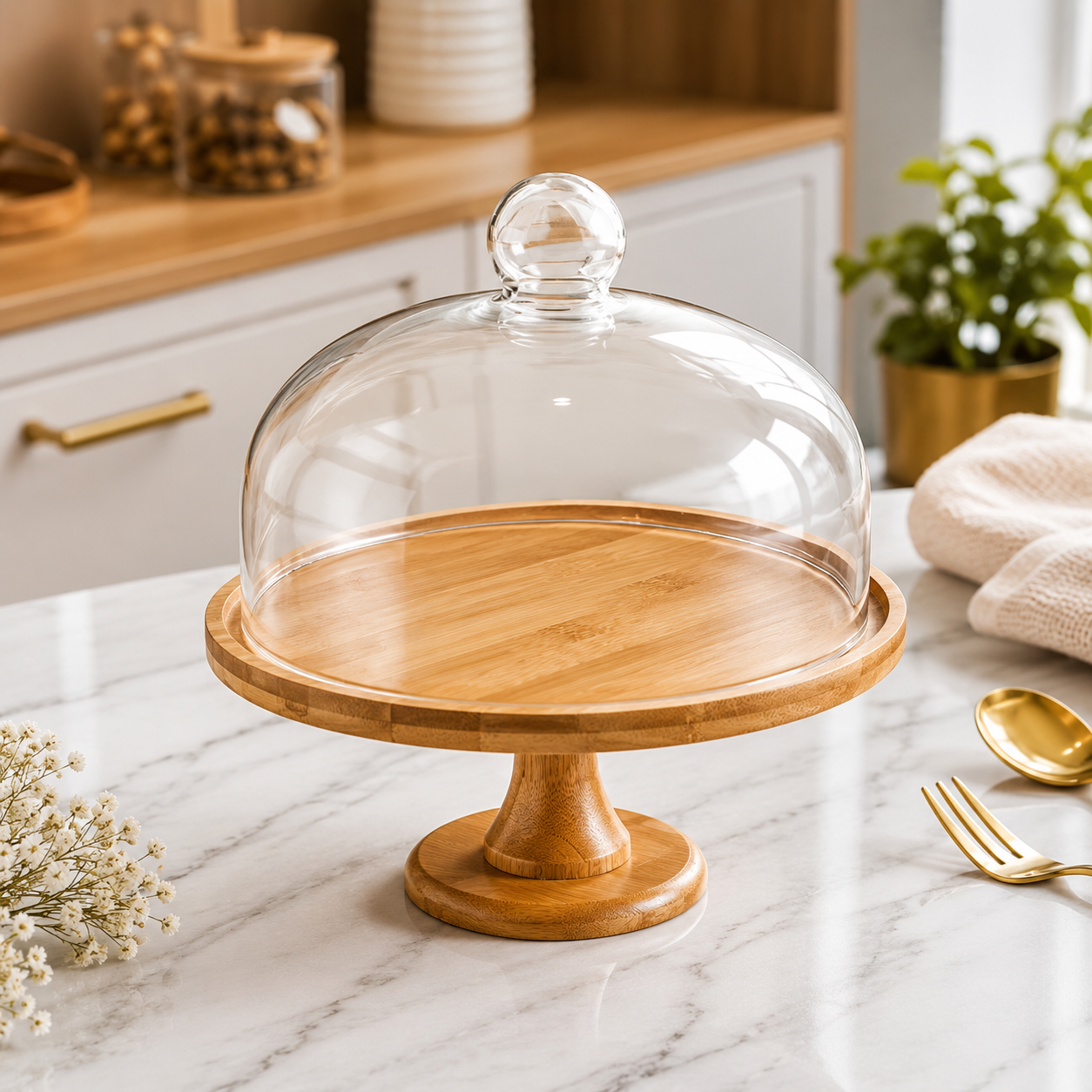 Premium Wooden Cake Stand With Glass Cover, Nordic Cake Stand With Glass Lid, Wooden Dessert Display Stand, Decorative Cake And Dessert Stand