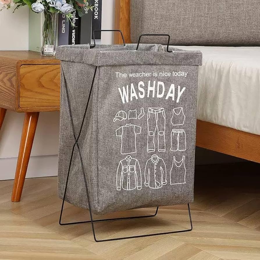 Collapsible Laundry Hamper Basket with Iron X Frame, Folding Washing Clothes Storage Basket, Waterproof Storage Hamper Organizer