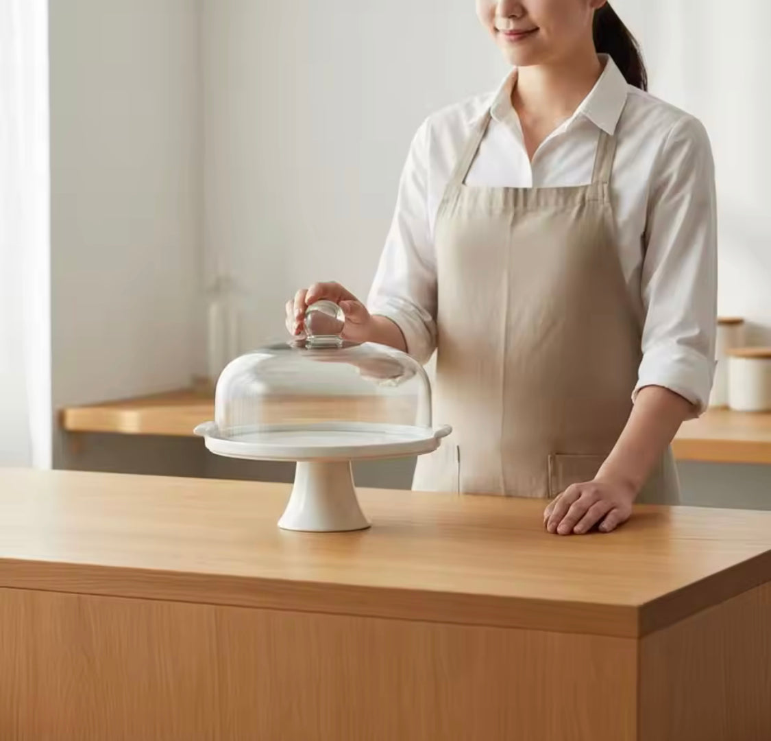 Ceramic Cake Stand with Glass Dome, Dust Proof Cake Stand with Glass Lid, European Dessert Plate With Lid, Cake Stand Table