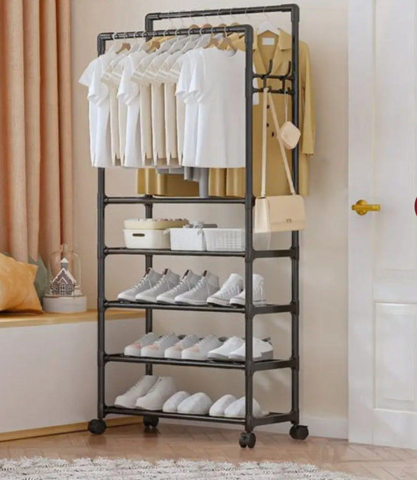 Multifunctional Metal Clothes Rack With Storage Shelves, Homlly Entryway Coat Rack with Shoes Organizer, Bedroom Living Room Hanger, Living Room Clothes Storage Rack